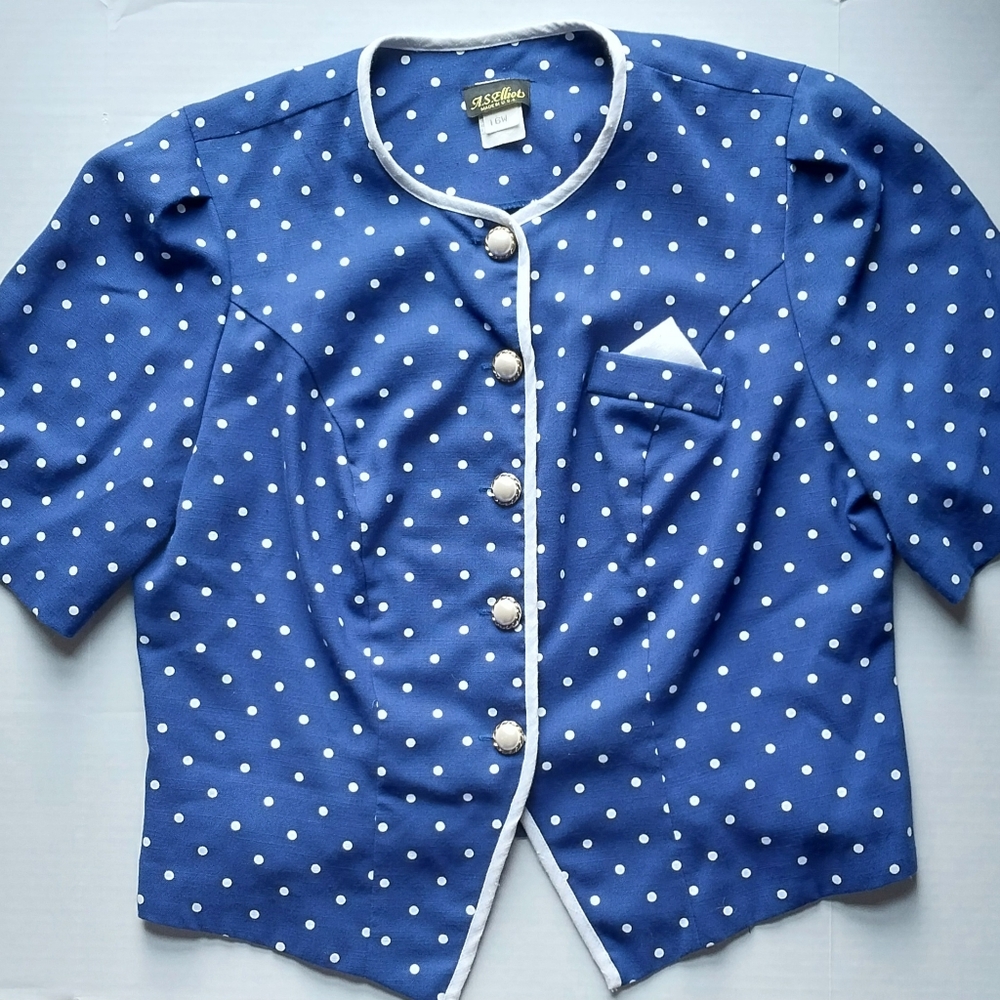 Vintage A.S. Elliot Women's sz 16W Retro 80s Blue white polka dot structured top